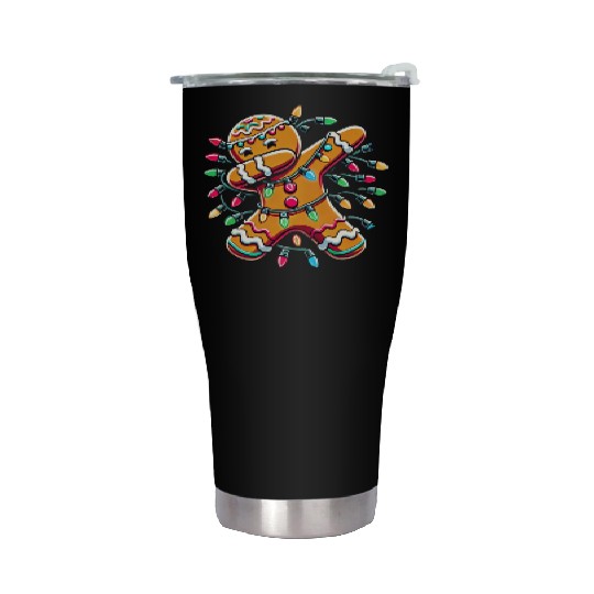 Dabbing Gingerbread Wrapped in Christmas Lights Stainless Steel Tumblers
