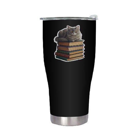 Grey Cat Loaf On Books Stainless Steel Tumblers