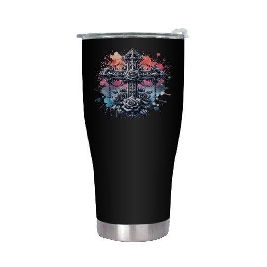 Gothic Collection - Crosses Roses Pastel B/ground Stainless Steel Tumblers