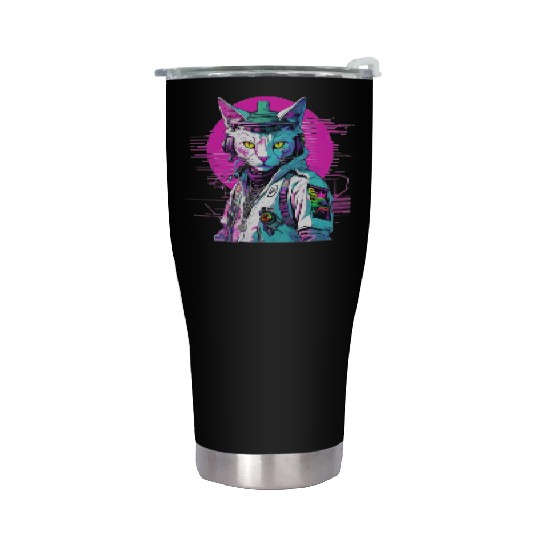Neon Cyberpunk Warrior Cat Stainless Steel Tumblers