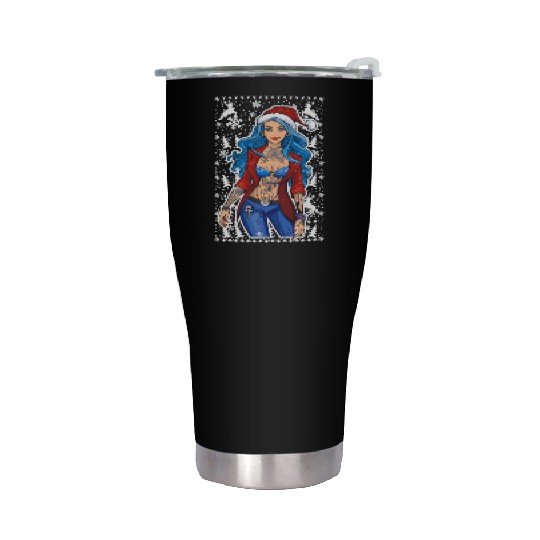 03 Sexy Christmas Woman Blue Hear Deer Tattoos Stainless Steel Tumblers