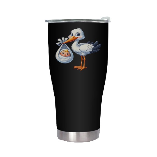 Adorable Stork with Newborn Baby Illustration - Stainless Steel Tumblers