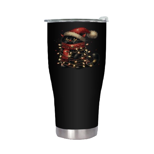 Black Cat In Christmas Light, Cat Lights Stainless Steel Tumblers
