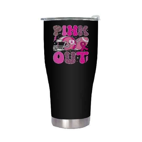 Pink Out Breast Cancer Football Mom Girls Women Stainless Steel Tumblers