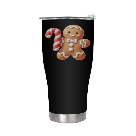 Happy gingerbread man with candy cane Stainless Steel Tumblers