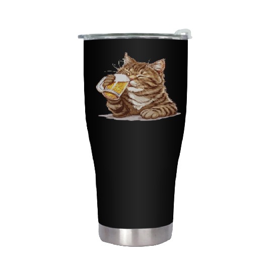 Cute Cat Drinking Beer 2 Stainless Steel Tumblers
