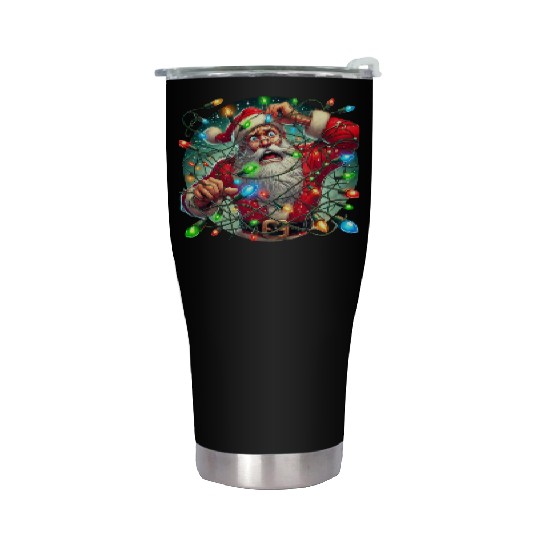 Funny Christmas Santa: Tangled in Lights Stainless Steel Tumblers