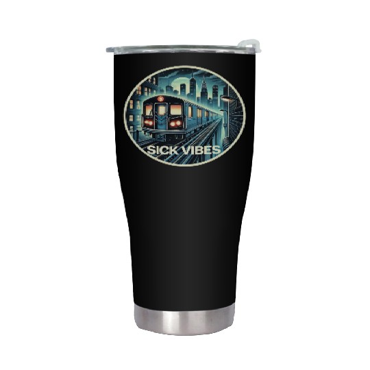 Retro Futuristic Subway Train - Neon Cyberpunk Cit Stainless Steel Tumblers