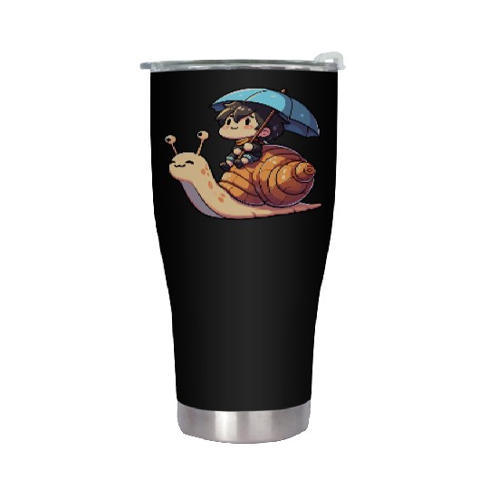 Chibi Snail Rider's Rainy Day Adventure . Stainless Steel Tumblers
