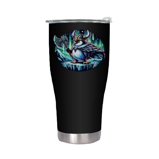 Viking Penguin with Axe Under Northern Lights Stainless Steel Tumblers