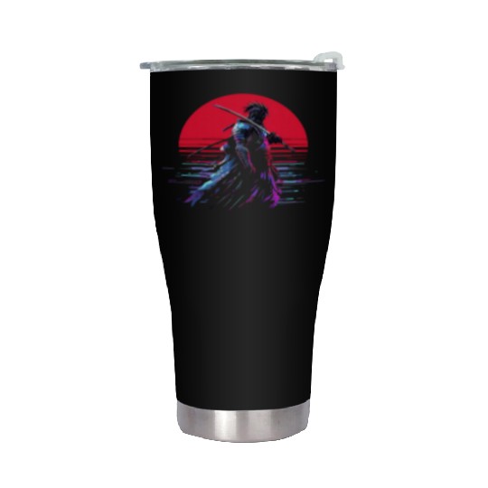 Cyberpunk Samurai Warrior Under Neon Moon Stainless Steel Tumblers