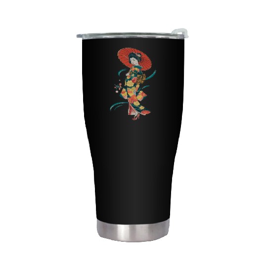 Elegant Geisha with Red Parasol and Floral Kimono Stainless Steel Tumblers
