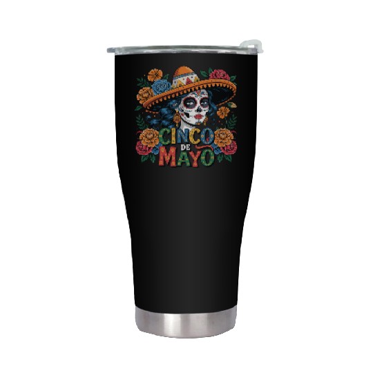 Cinco de Mayo Sugar Skull Girl Sombrero & Flowers Stainless Steel Tumblers