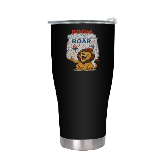 Boom Sparkle Roar – Cute Patriotic Lion with Firew Stainless Steel Tumblers