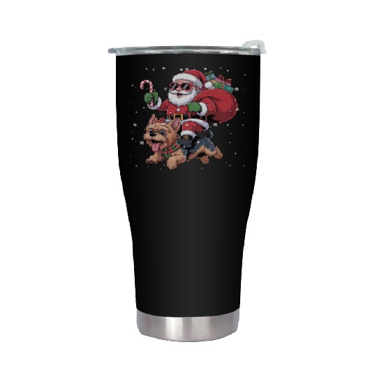 Santa Claus Yorkie Dog Christmas In July Stainless Steel Tumblers