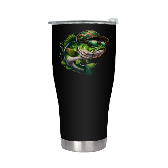 Camo Hat Bass Fish with Green Sunglasses Stainless Steel Tumblers