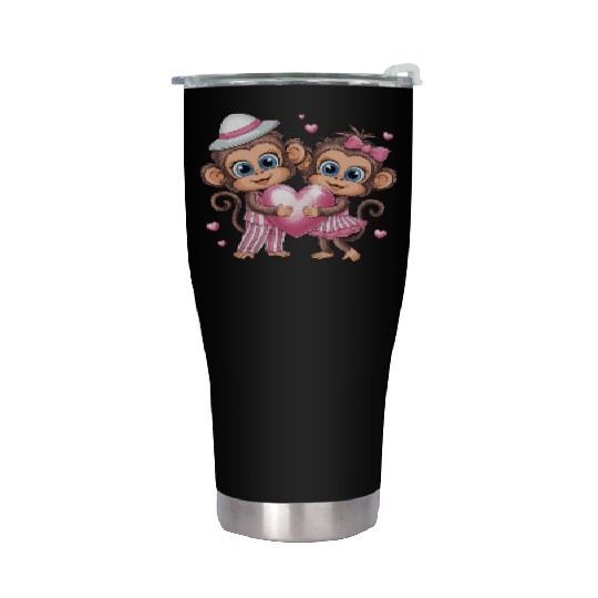 Adorable Monkey Couple with Heart and Pink Accents Stainless Steel Tumblers