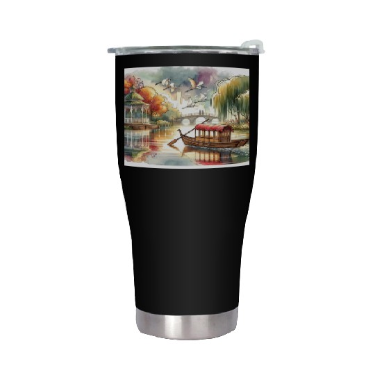 Serene Autumn Lake Scene with Swans and Bridge Stainless Steel Tumblers