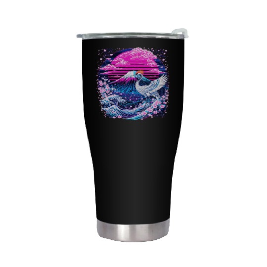 Neon Sakura Crane & Mount Fuji Scene Stainless Steel Tumblers