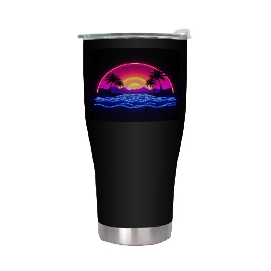 Neon Sunset Over Tropical Island Stainless Steel Tumblers
