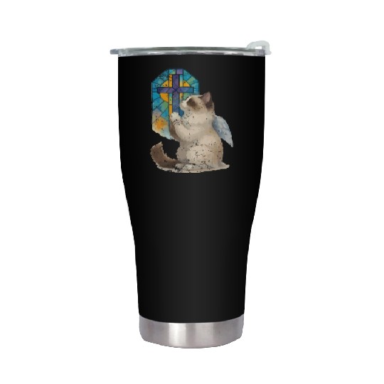 Celestial Cat with Stained Glass Cross Stainless Steel Tumblers