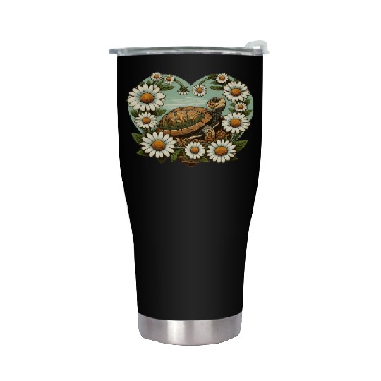 Turtle surrounded by Daisy Heart Design Stainless Steel Tumblers