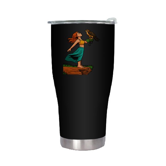 Woman with Hawk on Arm in Nature Scene Stainless Steel Tumblers