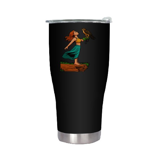 Woman with Hawk on Arm in Nature Scene Stainless Steel Tumblers