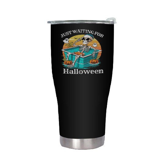 Skeleton Relaxing in Pool Halloween Design Stainless Steel Tumblers