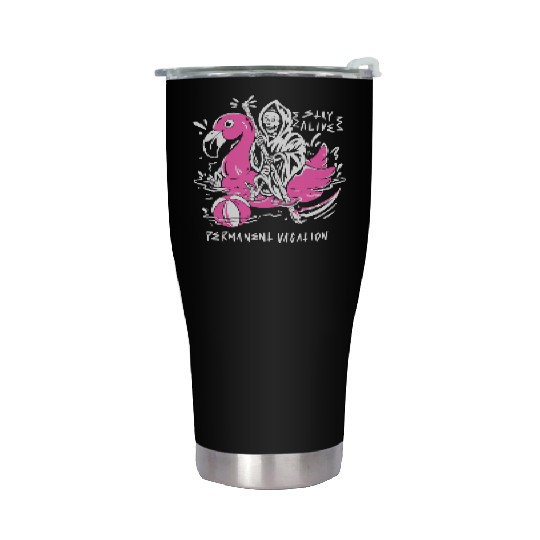 Permanent Vacation Skeleton on Pink Duck Stainless Steel Tumblers