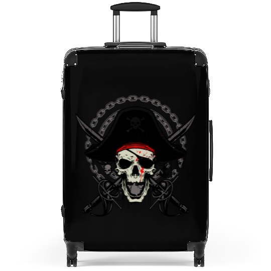 Ahoy Buccaneers Avast Ye motif of Pirate Skull Suitcases