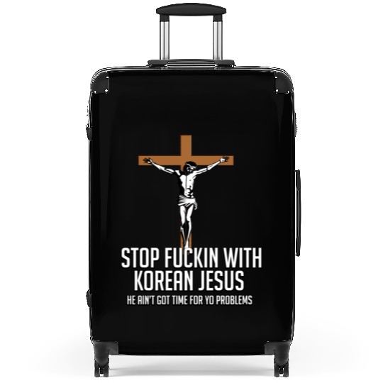 STOP FUCKIN WITH KOREAN JESUS Suitcases