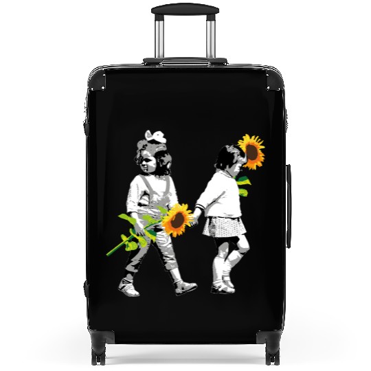 Flower Children Two Girls with Sunflowers Sisters Suitcases
