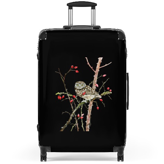 Little Owl On Rosehip - Garden Birds In Spring Suitcases