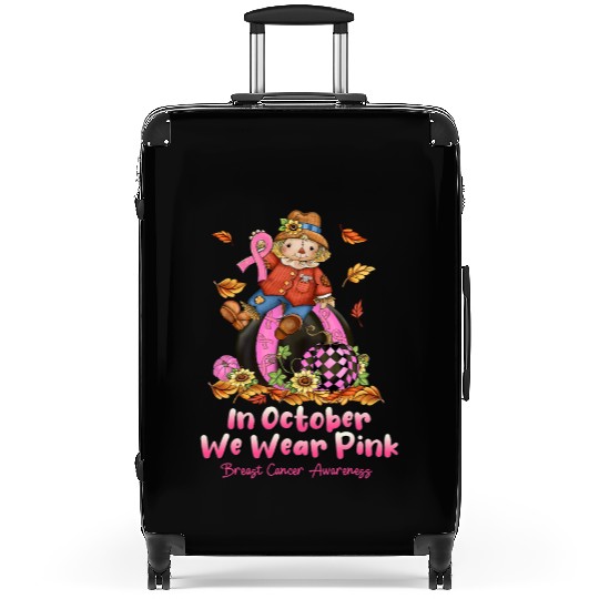 In October We Wear Pink Ribbon Scarecrow Suitcases