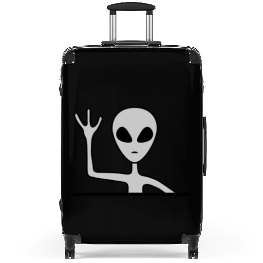 Gray male alien waving Suitcases