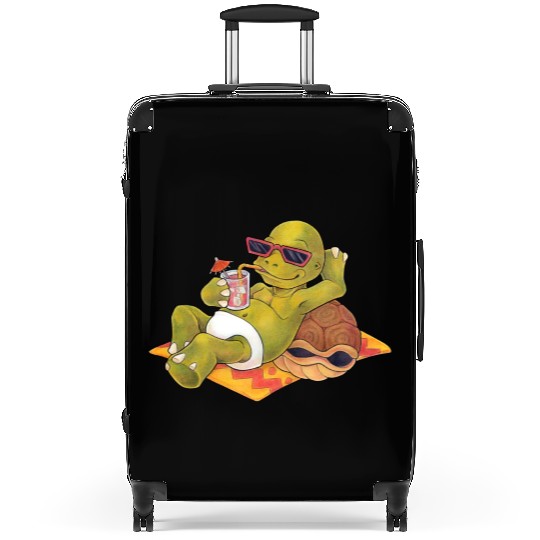 Summer turtle naked on the beach with cocktail Suitcases