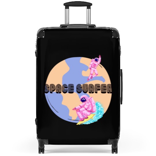Space Surfer Two Astronauts and Planet Earth Suitcases