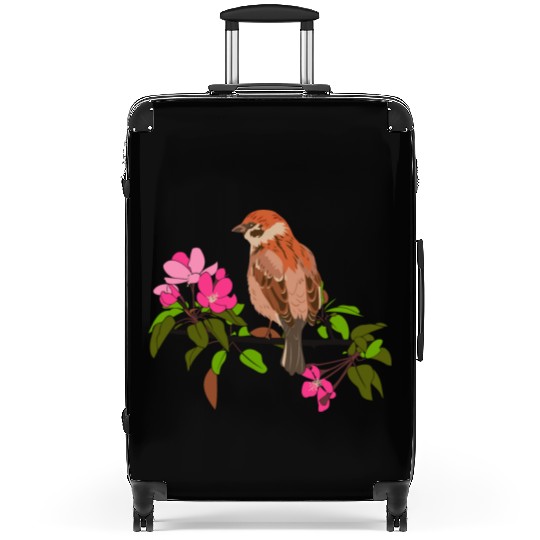 Sparrow on a branch pink flowers of an apple tree Suitcases