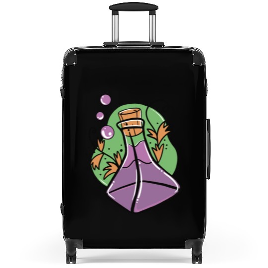 A glass of purple poison with Fall leaves Suitcases