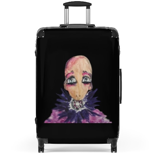 Glamorous baby in violet. Suitcases