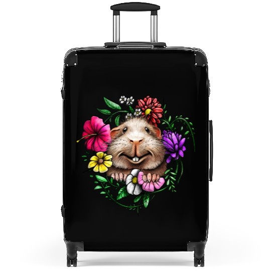 Smooth Hair Guinea Pig With Colorful Flowers Suitcases