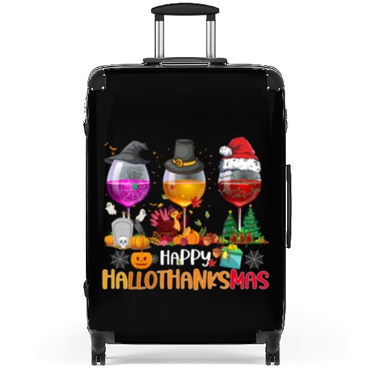 Wine Glasses Witch Santa hat Happy Hallothanksmas Suitcases