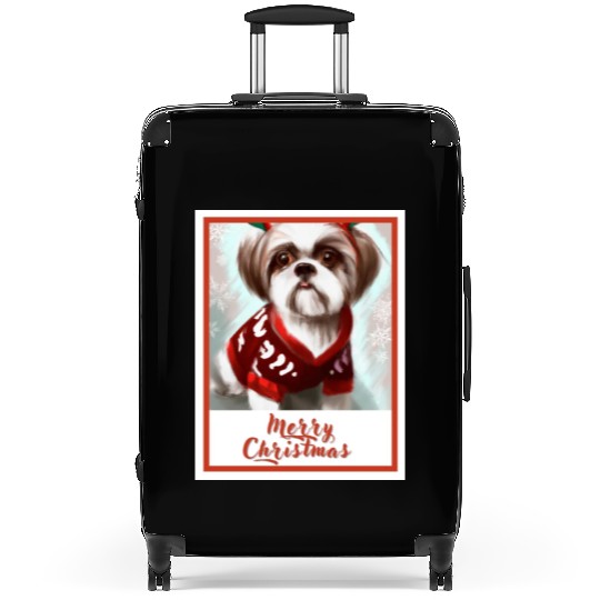 Shih tzu dog in a Christmas reindeer sweater. Suitcases