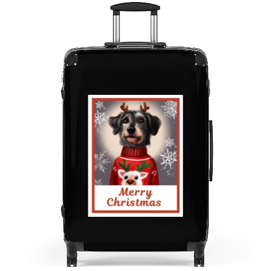 Miniature Black Schnauzer in a Christmas sweater. Suitcases