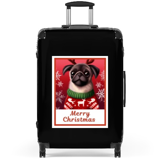 Portrait of a cute pug in a festive setting. Suitcases