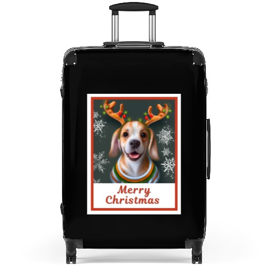 A young beagle dog wearing a festive sweater. Suitcases