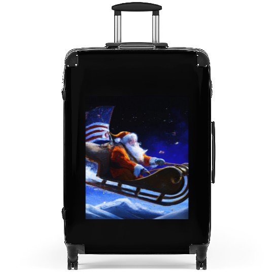 Patriotic Christmas Santa Claus With Sled And US Suitcases