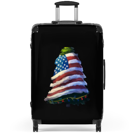 Patriotic Christmas Tree Wrapped In US Flag Suitcases