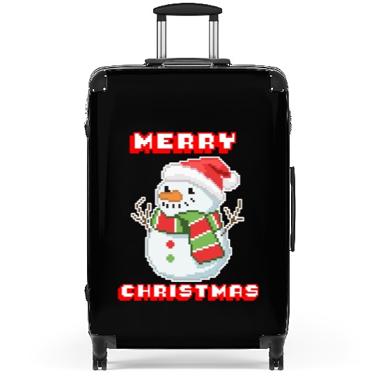 Merry Christmas I Xmas I 8 Bit Pixelated Snowman Suitcases